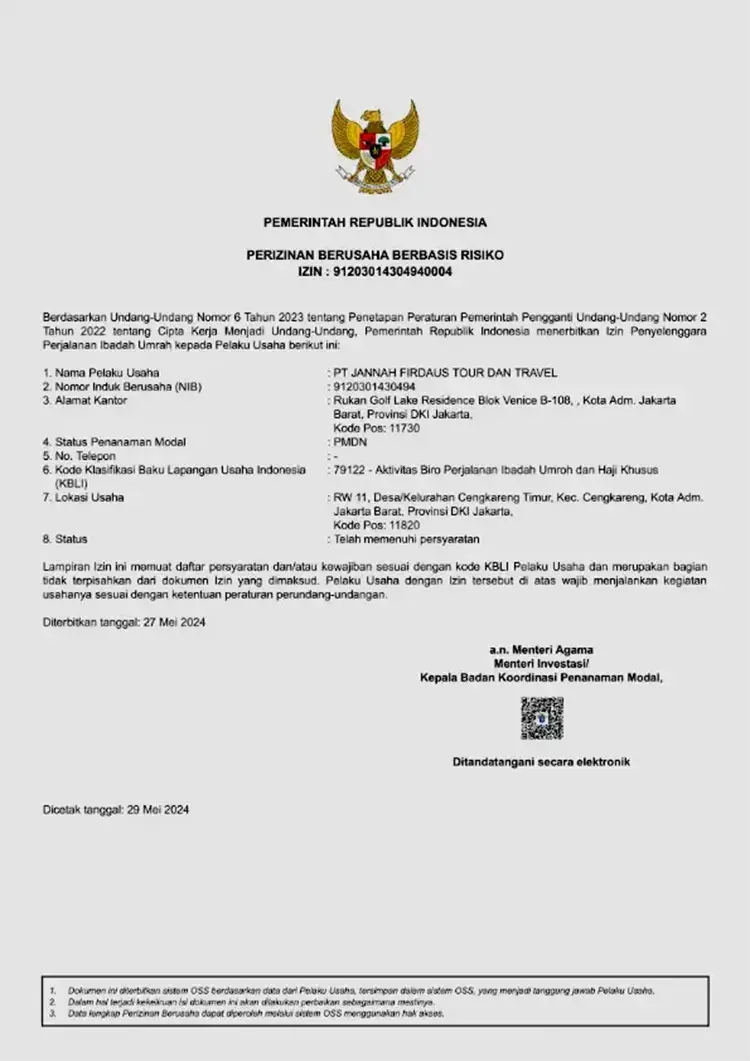 sertifikat resmi dari pemerintah untuk jannah firdaus travel